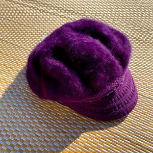 Newsboy style winter knit purple hat with pearl details